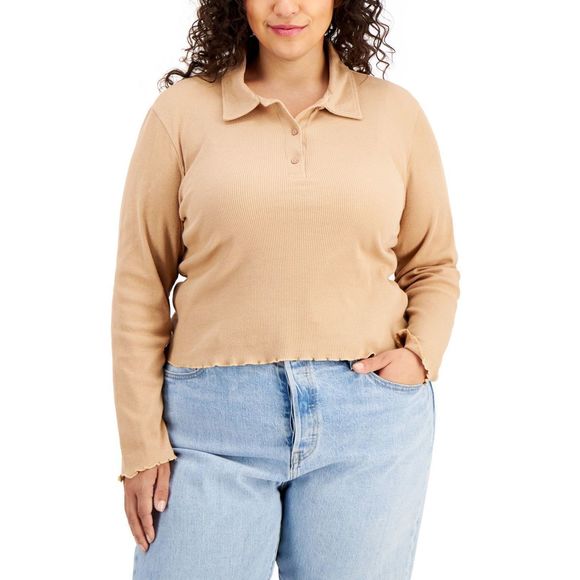 Full Circle Trends Womens Trendy Plus Size Ribbed Raw-Hem Cropped Polo Shirt,2X - Picture 3 of 4